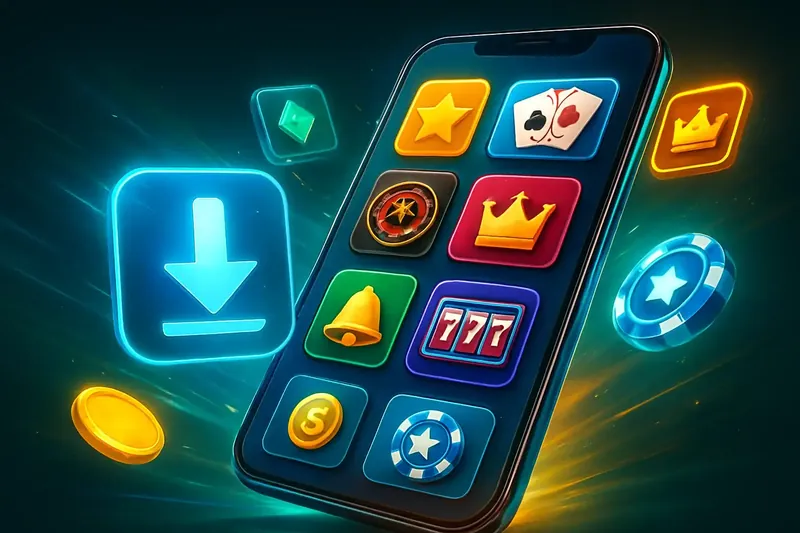 Glossy smartphone casino app banner with neon download icon and game tiles