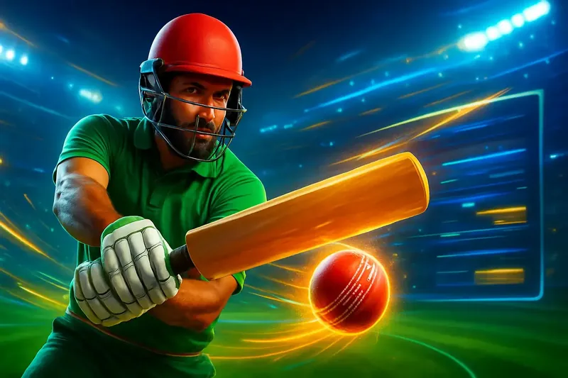 Cricket batter striking ball under stadium lights for sportsbook banner