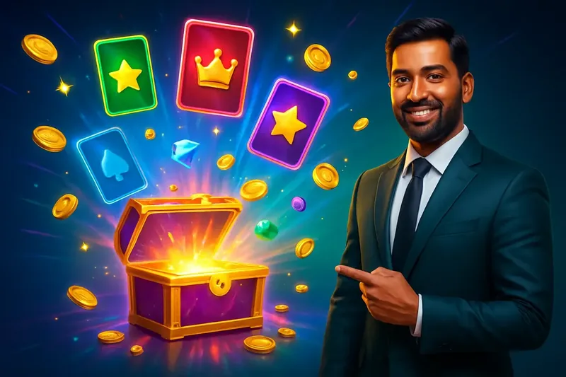Glowing reward chest with bonus cards, coins, gems, and stars bursting out