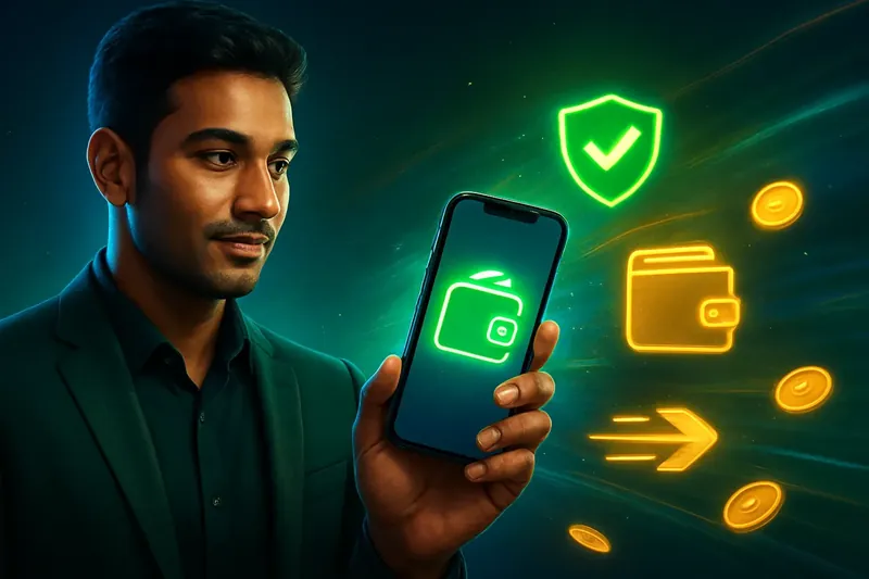 Hand holding smartphone with secure mobile wallet and casino payment glow
