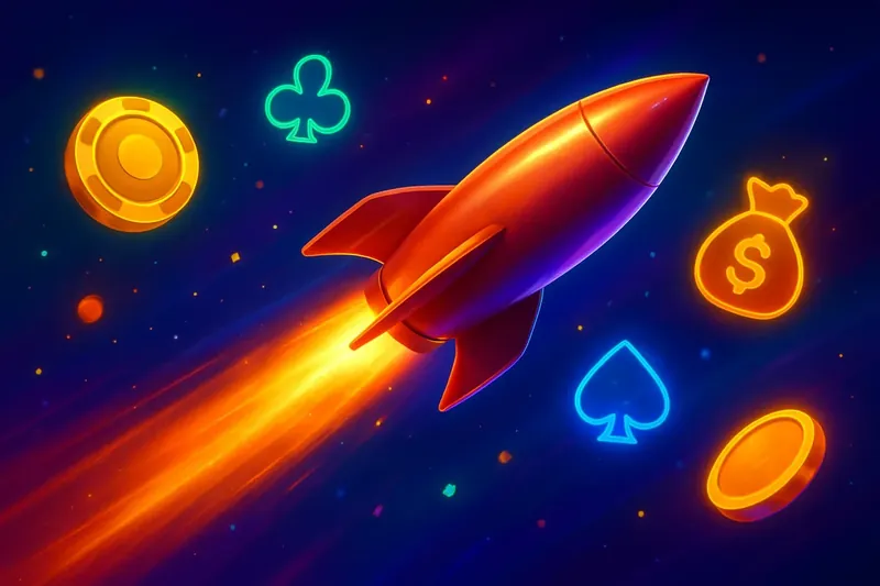 Glossy rocket launch casino banner with neon speed trails and particles