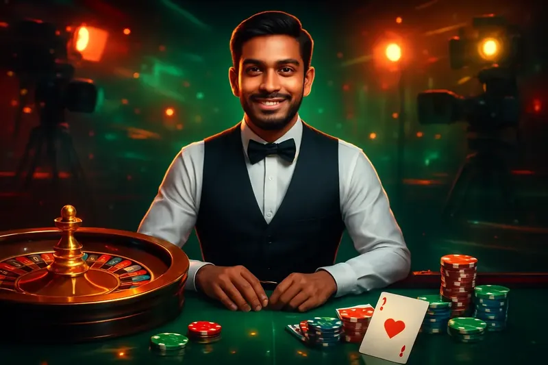 Friendly professional live dealer with roulette, cards, chips, and studio lights