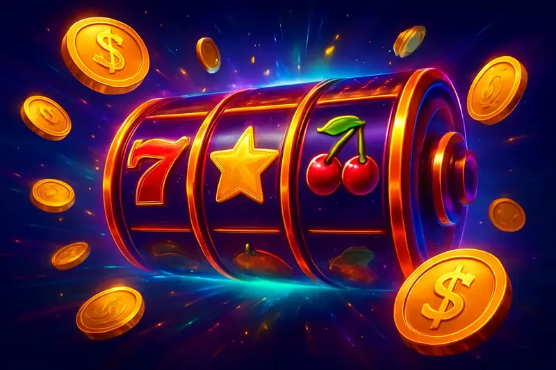 Colorful spinning slot machine reels with coins, sparkles, and neon glow